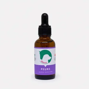 Fleurs de Bach peurs. Flacon de fleurs de Bach pour apaiser les peurs chez les chiens, avec étiquette portant un logo vert représentant un cheval et un chien.