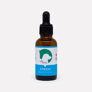 Fleurs de Bach stress. Flacon de fleurs de Bach pour réduire le stress chez les chiens, avec étiquette affichant un logo vert représentant un cheval et un chien.