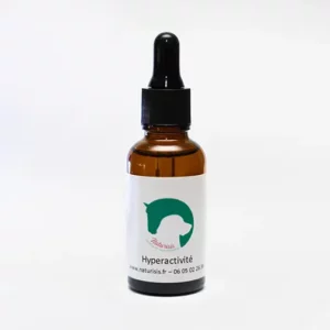 Fleurs de Bach hyperactivité. Flacon de fleurs de Bach pour réduire l’hyperactivité chez les chiens, avec étiquette portant un logo vert représentant un cheval et un chien.