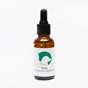 Fleurs de Bach peurs. Flacon de fleurs de Bach pour apaiser les peurs chez les chiens, avec étiquette portant un logo vert représentant un cheval et un chien.